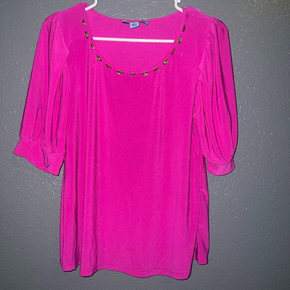 CeCe Hot Pink Embellished Neckline 3/4 Sleeve Top - Size Medium - Picture 1 of 4